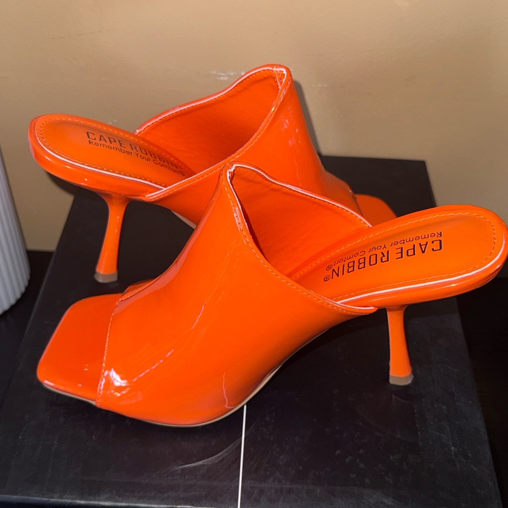 Cape Robbin Orange Patent Square Toe Stiletto Mules